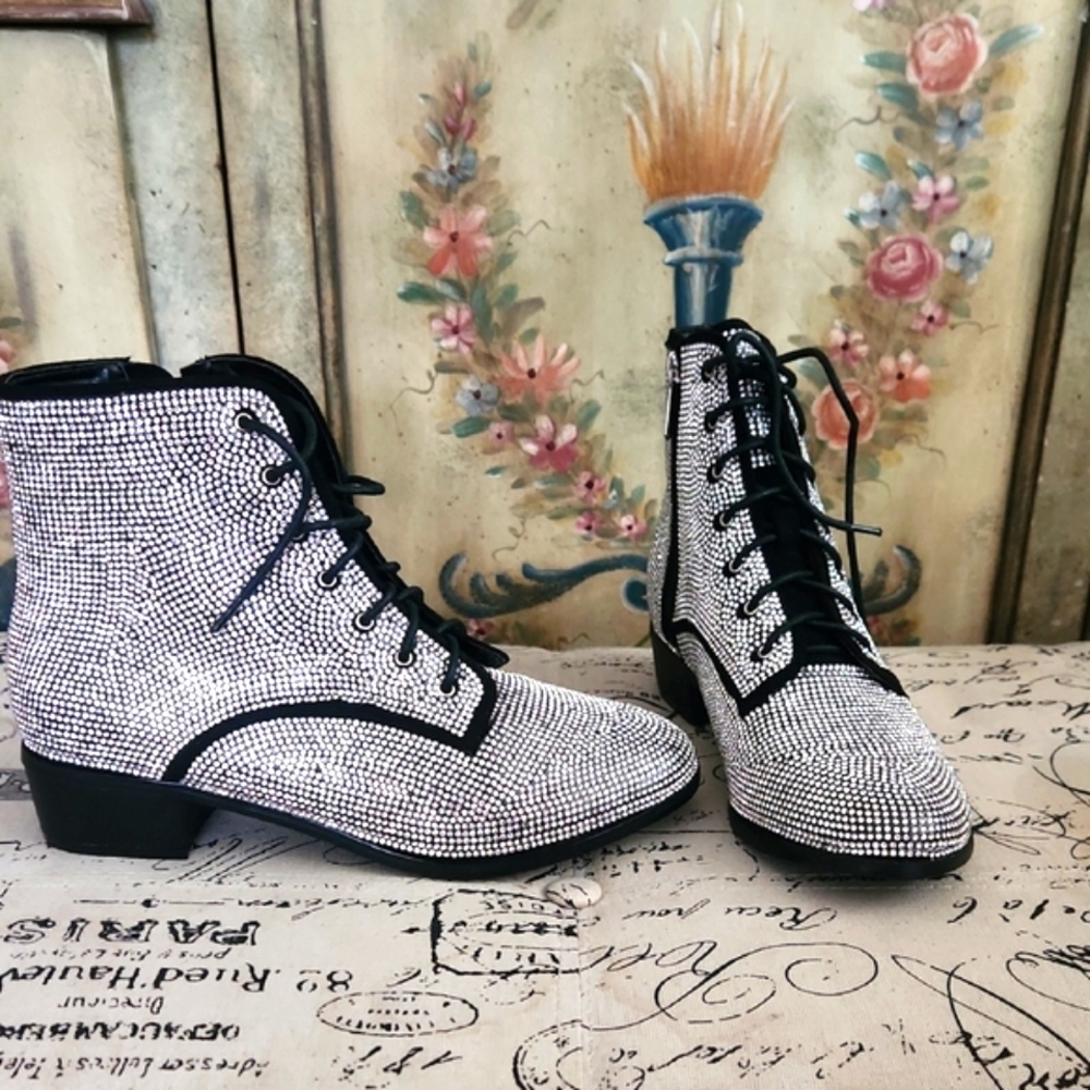 Cape Robbin Lace Up Boots Black and White Rhinestones